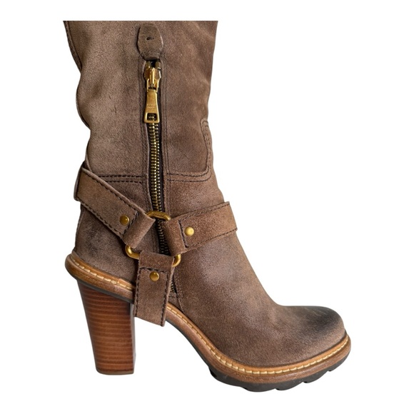 Rare PRADA Knee High Brown Suede Lug Sole Block Heel Harness Boots Size 7 - Picture 2 of 8